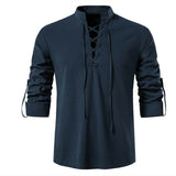 Men's V-neck shirt T-shirt Vintage Thin Long Sleeve Top Casual Breathable Viking Front Lace Up Mart Lion   