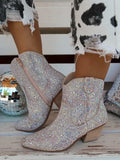 Western Cowboy Women Ankle Boots Glitter Bling Shiny Trend High Heels Shoes MartLion   