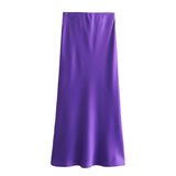 Women's Flowing Satin Midi Skirt Women Vintage Elastic  Waist Flared Street Skirt MartLion   