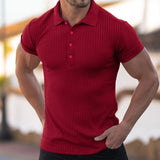 Summer Men's Sports Fitness Leisure Stretch Vertical Short Sleeve Shirt Plain Shirt Golf Wear Mart Lion Red S 
