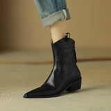 Women Boots Genuine Leather Western Shoes Pointed Toe Chunky Heel Chelsea Retro MartLion   