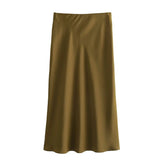 Women's Flowing Satin Midi Skirt Women Vintage Elastic  Waist Flared Street Skirt MartLion   