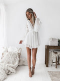 Women's A Line Dress Short Mini Dress White Black Red Long Sleeve Solid Color Ruffle frock MartLion   