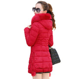 Winter Jacket Women winter coat pure color casual Fur Collar long hooded cotton lady jacket MartLion Red L 