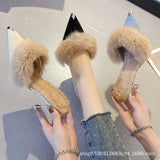 Fur Slippers Mules Pointed Toe Elegant High Heels Shoes Women's Autumn Furry Slides Flip Flops Office Work Luxury MartLion   