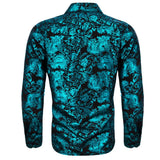 Luxury Designer Silk Men's Shirts Long Sleeve Blue Green Teal Embroidered Flower Slim Fit Blouse Casual  Tops Barry Wang MartLion   