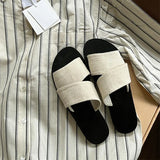 Korean version of the minority canvas open toe lazy slippers summer wear a word broadband casual flat MartLion   