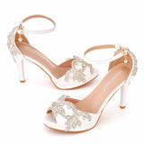 Women Wedding Shoes Bride Sandals White Rhinestones Silver Platform Dress Thin High Heels Ladies Pumps MartLion   