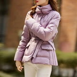 Neck Belted Duck Down Puffer Jackets Women Casual Winter Warm Short Coat Female Outwear Clothes MartLion Purple S 