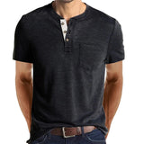 Summer Henley Collar T-Shirts Men's Short Sleeve Casual Tops Tee Solid Cotton Mart Lion dark grey S 60-70kg 