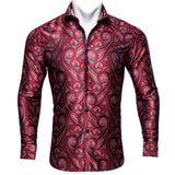 Hi-Tie Brand Silk Men's Shirts Breathable Jacquard Floral Paisley Long Sleeve Blouse for Wedding Party Events MartLion CY-0034 S 