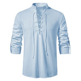 Men's Casual Blouse Cotton Linen Shirt Tops Long Sleeve Tee Shirt Spring Autumn Slanted Placket Vintage MartLion light blue US XXL 