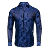 Hi-Tie Navy Royal Sky Blue Silk Men's Shirts Lapel Collar Long Sleeve Dress Shirt Jacquard Blouse Wedding MartLion PCCY-1015 S 