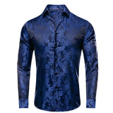 Hi-Tie Navy Royal Sky Blue Silk Men's Shirts Lapel Collar Long Sleeve Dress Shirt Jacquard Blouse Wedding MartLion