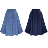 Women's Waist Button Pleated Midi Skirt With Elastic Waist Knee Length Skirt MartLion   