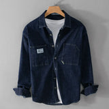 Washed Denim Shirt Men's Clothing Casual Wear Retro Cargo Jeans Sleeve Pockets Loose Oversized MartLion Dark Blue XXXL 