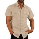 Summer Men's Short Sleeve Shirt Linen Solid Color T shirt  Cardigan Often Double Pocket Design Casual Loose Mart Lion   