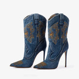 Retro Embroidered Western Boots Women's British Style Denim Pointed Short V-shaped Sleeve MartLion blue 34 