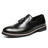 Brogue Dress Shoes Men's Formal Soft Split Leather Slip On Loafers Flat Work Footwear Mart Lion Black 39 