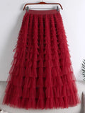 Mesh Skirt Women Waist A-line Spliced Solid Color Loose Skirts MartLion M Red 