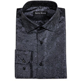 Barry Wang Luxury Black Paisley Silk Shirts Men's Long Sleeve Casual Flower Silver Shirts Designer Fit Dress MartLion   
