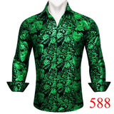 Luxury Shirts Men's Long Sleeve Silk Green Flower Slim Fit Tops Casual Button Down Collar Bloues Breathable Barry Wang MartLion   