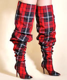 Color Blocking Plaid Pleated Sleeve Long Boots for Women with Slim High Heels and Seasonal MartLion 831-red 47 