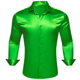 Designer Shirts Men's Silk Satin Dark Green Teal Solid Long Sleeve Button Down Collar Blouses Slim Fit Tops Barry Wang MartLion 0569 S 