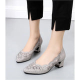 Hollow Out Genuine Leather Pumps Women Shoes Med Heels Square Diamond Mesh Ladies Office  Crystal MartLion   