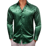 Luxury Shirts Men's Silk Satin Green Long Sleeve Slim Fit Blouses Button Down Collar Tops Breathable Clothing MartLion 0679 S 