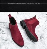 Chelsea Boots for Men's Wine Red Black Faux Suede Low-heeled Handmade MartLion   