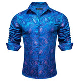 Elegant Men's Shirts Silk Long Sleeve Blue Flower Slim Fit Casual Lapel Tops Breathable Single Breasted Barry Wang MartLion   