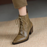 Winter Pointed Toe Women Boots Chunky Heel Shoes Short Retro Western Genuine Leather MartLion   