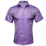 Barry Wang Luxury Purple Floral Men's Summer Silk Casual Shirt Stylish Lapel Pattern Short Sleeve Shirt Blouse Fit MartLion CY-0219 S 