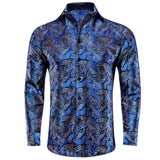  Silk Navy Blue Men's Shirts Long Sleeve Single Breasted Windsor Collar Casual Blouse Outerwear Wedding MartLion - Mart Lion