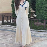 Elegant Slim Knitted Long Dress Women's Letter Single Breasted Long Sleeved MartLion   