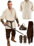 4 Pcs Halloween Men's Renaissance Set Medieval Pirate Shirt Ankle Banded Pants Viking Belt Accessories MartLion Beige brown M 