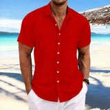 Cross-border men's linen striped jacquard casual loose short-sleeved shirt MartLion red XXL 