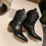 Autumn And Winter Boots Cowhide Material Square Heel Calf Height Women's Shoes Pointed MartLion   