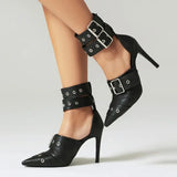 Women's Denim Leather Buckle Single Shoes Slim High Heels Pointed Sandals MartLion black 38 