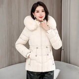 Down winter Jacket Women Parkas  Warm Cotton Padded Coat Ladies Short Overcoat Hooded MartLion Beige XXL 