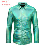 Silver Metallic Sequins Glitter Shirt Men's Disco Party Halloween Chemise Homme Stage Performance Shirt MartLion A46 Green US Size S 