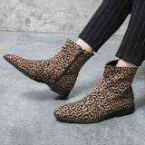 Men's Ankle Boots Suede Leather Leopard Pointed Toe Dress Shoes Zip Motorcycle Casual Party Footwear Mart Lion   