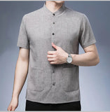 Men's Short-sleeved Seasonal Shirt with Stand Collar Linen Casual Daily Large Pocket Stand Collar Half Sleeve Shirt MartLion   