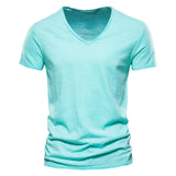 Cotton Men's T-shirt V-neck Design Slim Fit Soild Tops Tees Short Sleeve MartLion F037-V-LightGreen Size XL 72-80kg 