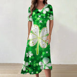 Y2k Daily St Patrick's Day Print Mid-Calf Summer Dress Women Round Neck Short Sleeves Frocks For Girls MartLion White M CHINA