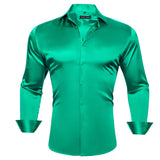 Designer Shirts Men's Silk Satin Dark Green Teal Solid Long Sleeve Button Down Collar Blouses Slim Fit Tops Barry Wang MartLion 0534 S 