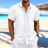 Cross-border men's linen striped jacquard casual loose short-sleeved shirt MartLion white S 
