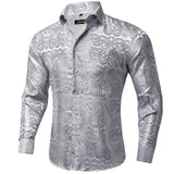 Paisley Floral Men's Shirt Silver White Casual Long Sleeve Social Collar Shirts Brand Button Blouses MartLion CY-2022-XZ0014 S 