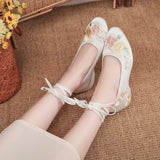 Satin Fabric Embroidered Women Ankle Strap Ballet Flats Vegan Elegant Ladies Walking Shoes Black White Gray MartLion   